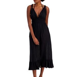Miken Smocked Swim Cover Up Black Midi Leopard Cheetah Semi Sheer Size Sr